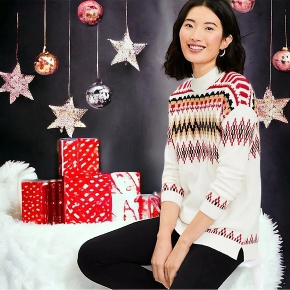 Fair Isle Mock Neck Tunic Sweater in Whisper White Size MP NEW Loft Petite - Picture 1 of 8